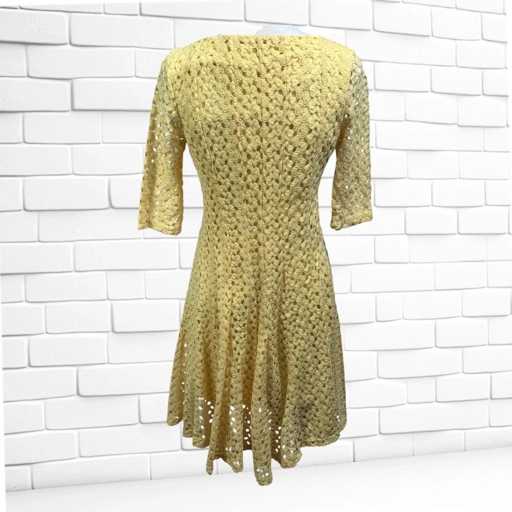 Rabbit Rabbit Rabbit Designs Yellow Crochet Lace Fit and Flare Dress‎ 3/4 Sleeve